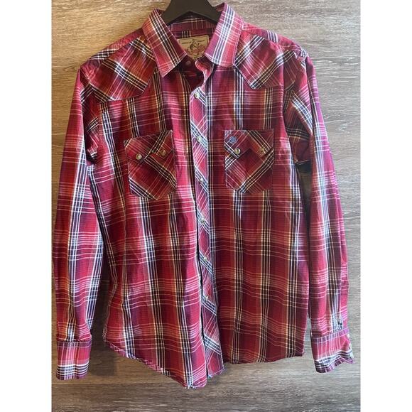 Vintage Wrangler Western Red Plaid Pearl Snap Shirt Mens Medium American Cowboy - Picture 1 of 8